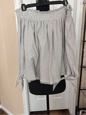 We The Free Black & White Striped Off-Shoulder Tie-Sleeve Blouse